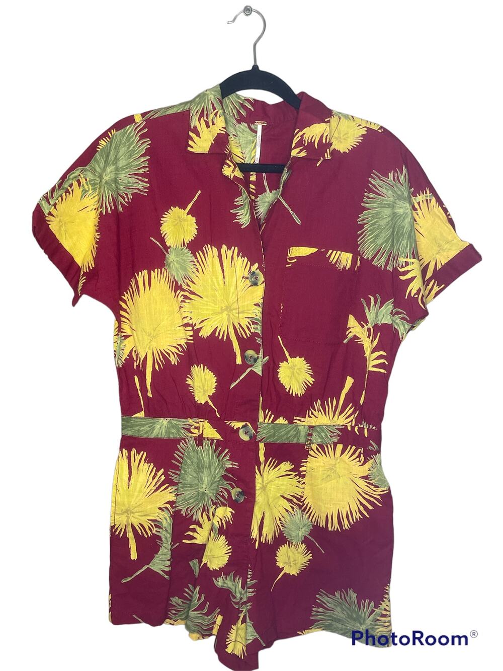 Free People Malibu Red Yellow Floral Print Hawaiian Tropical Palm Romper Size M